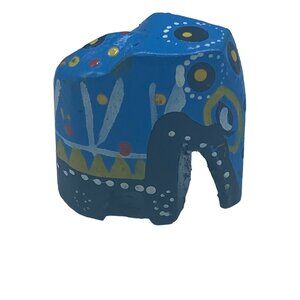 Vtg Hand Painted Wood Elephant Carved Wooden Figurine Blue 1.25"